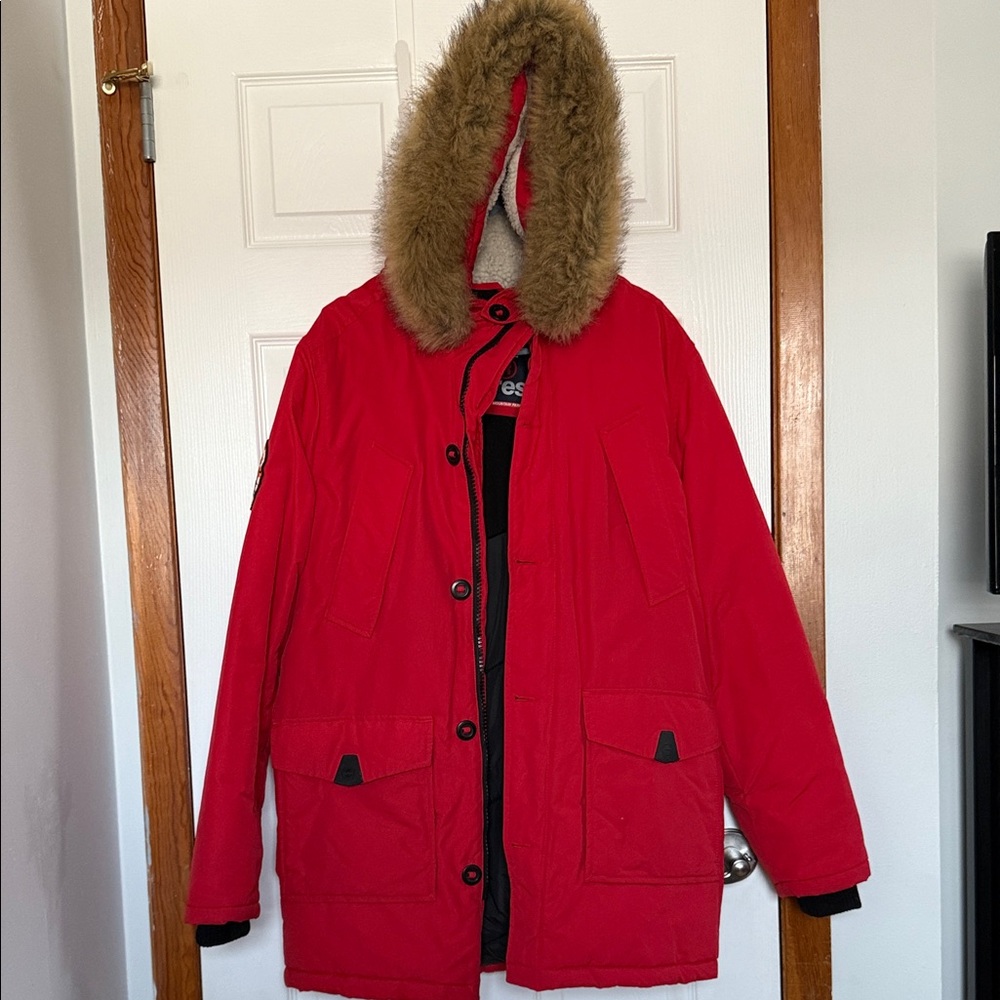 Superdry parka Red Men's Puffer Jacket with Faux Fur Hood